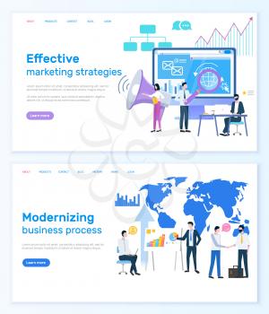 Effective marketing strategies, modernizing business process website vector. Businessmen and laptop, loudspeaker and graphics or diagrams, world map. Webpage template landing page in flat