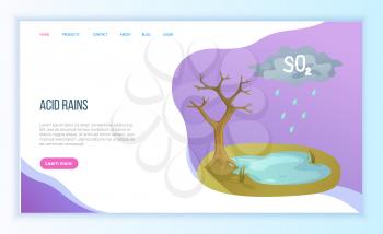 Acid rains, environmental pollution, cloud with SO2 water on ground, dried tree. Ecological catastrophe, global problem of planet, danger vector. Website landing page flat style. Concept for Earth day