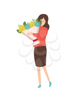 Woman on holiday vector, isolated girl holding big bouquet. Floral composition of yellow and blue flowers, leaves and foliage fillings, happy female