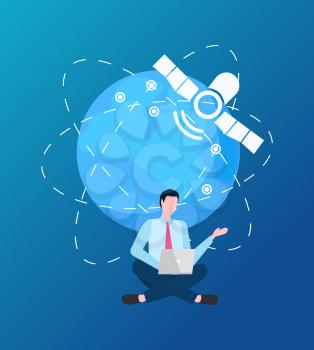 Man using laptop vector, satellite and globe with network and connection lines, freelancer flat style. People working with help of internet service