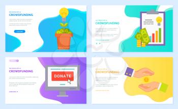 Crowdfunding vector, clipboard with information about investment, money tree and donation sign on monitor. People giving finance banknotes. Website or webpage template, landing page flat style