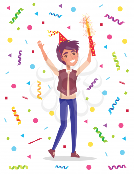Birthday man holding sparkler, smiling guy standing in suit and wearing festive hat. Card decorated by colorful confetti, male with hands up vector