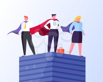 Heroes in business vector, man and woman wearing formal suit and cloaks flat style. Businessman and businesswoman standing on tall pedestal isolated