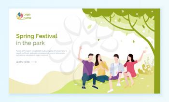 Spring festival in park web page decorated but green tree and flowers, people sitting together, embracing friends, couples in casual clothes vector