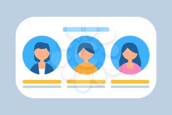 Users profiles in row vector, images of people, man and woman, characters banner isolated clients flat style. Data in box information about human