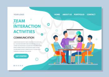 Team interaction activity vector, boss giving presentation for employees, woman and man sitting by table brainstorming, meeting and teambuilding. Website or webpage template, landing page flat style