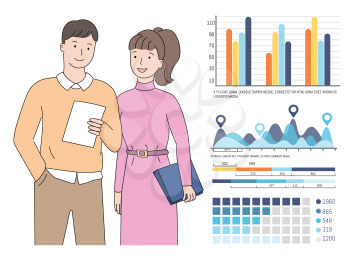 Teamwork analysis on business project results vector, man and woman looking at document, report in hands of worker, information in visual representation