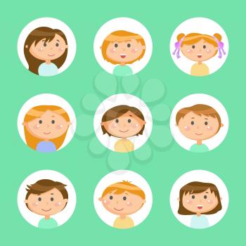 Children showing emotion vector, schoolboy and schoolgirl in circled frames. People with smile on face, kids boys and girls set isolated on green