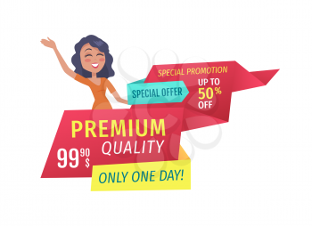 Only one day special offer for premium quality products geometrical banner. Shop clearance sale event promotion poster with waving shopaholic girl.