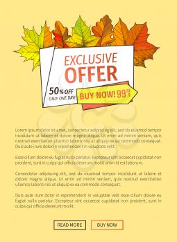 Exclusive offer only one day on Thanksgiving special price 99.90 promotional poster with maple leaves, oak foliage. Color autumn symbols on advert banner