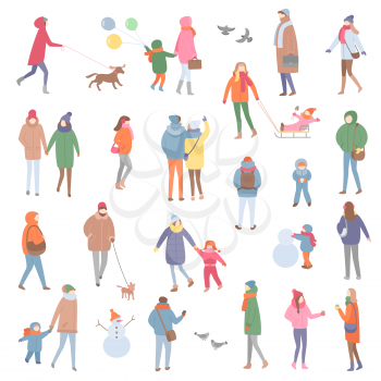 Winter and autumn warm clothes, people walking vector. Family father and mother with kid, son holding leash on dog, couple playing snowballs, snowman