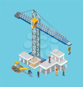 Construction building machines and worker man vector. Crane loading and lifting blocks of cement, industrial machinery, working industry builders