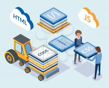 Web development, programming coding scripts vector. Professional designers with css, html and js javascript. Transport with blocks, project managers