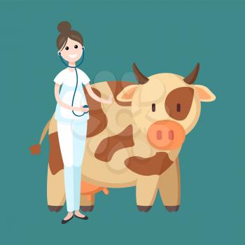 Veterinarian cow livestock carrying woman at work vector. Medical worker wearing stethoscope listening to animal heartbeat. Mammal treatment
