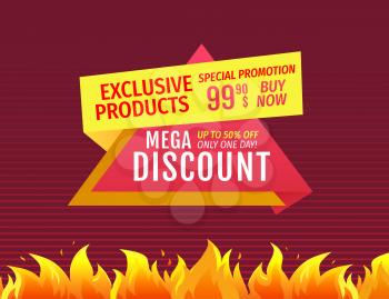 Mega discount up to half price off special promotion 99.99 on exclusive products vector illustration promo poster with burning flame and fire signs