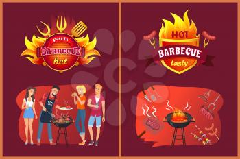 Hot bbq party with friends logos. People near grill, sausage and steak on fork, lattice or skewers. Fried salmon, fat hamburger vector illustrations.