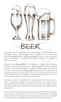 Beer goblets collection on poster with text sample. Vector illustration of glassy utensil, frothy ale in glossy glasses, kitchenware for alcohol drink