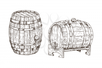 Oak containers for alcohol storage, graphic art isolated on white background vector illustration, wooden casks with metal stripes and round corks