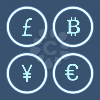 Bitcoin cryptocurrency and yen isolated icons set vector. Virtual money and signs, financial assets pound sterling and euro, Chinese yen in circles