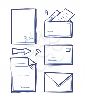 Office paper and documents in letters set of icons monochrome sketches outline vector. Arrows and clip, pin and sheets with info. Documentation data