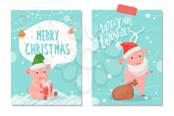 Santa's warm wishes and merry Christmas greeting postcard. Pig with white beard and red hat with brown bag. Sitting piggy in green cap with gift box vector