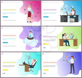 Online business, woman boss sitting on working place vector. Female with cogwheels and gears, processing of company problems, man relaxing on chair