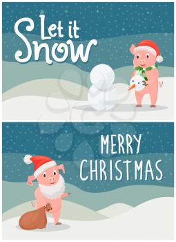 Let it snow and merry Christmas postcards with cartoon style pigs on wintertime landscapes. Piglets in Santa Claus hat making snowman and sack with presents