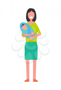Woman holding newborn baby on hands, motherhood concept vector illustration isolated. Mother and son infant, happy nursery, taking care about child