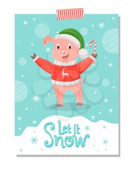 Let it snow, pig in red sweater with reindeer, green hat and candy stick on background of snowflakes. Greeting card with lettering wishes Merry Christmas