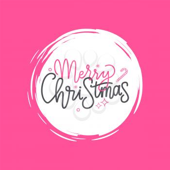 Merry Christmas inscription, lettering sign with happy winter holidays wishes. Typography doodle text, calligraphic letters written in round frame on pink