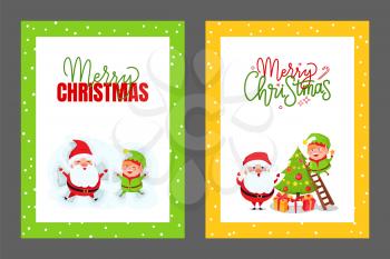 Greeting cards Christmas tree, Santa and elf. Vector huge xmas spruce decorated by happy dwarf and Father Frost from ladder, gift boxes under fir