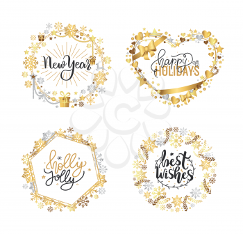 Holly Jolly, Merry Christmas, New Year, Happy Holidays and warm wishes, cookies for Santa lettering text, Xmas greeting cards with ornamental golden frames and heart form on white background