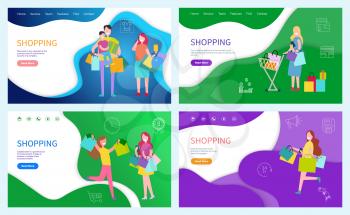 Shopping family with children carrying paper bags vector. Female friends walking with bought items together, holiday preparation, shopaholic hobby