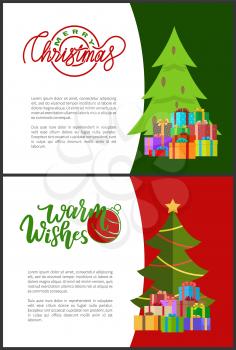 Wishes of happy New Year. Merry Christmas postcards with green Xmas trees with cones, presents in decorative wrappings. Lettering inscriptions on invitations.