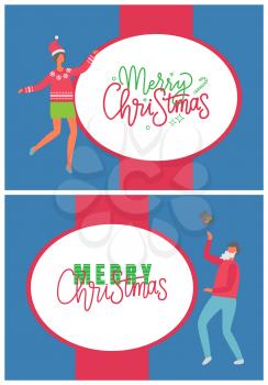 Merry Christmas greetings from people vector. Party, coworkers dancing at corporate fest celebrating New Year holiday. Vector cartoon style characters