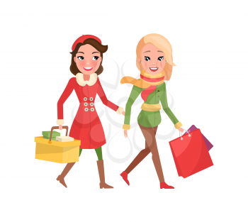 Christmas wintertime, winter holiday preparation vector. Woman carrying paper package and basket with products. Females friends shopping together