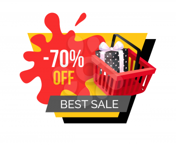 Best sale, 70 percent off price reduction, discounts isolated banner vector. Promotional symbol of present in shopping basket. Sellout and clearance
