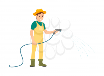 Farmer woman with equipment working on farm isolated vector icon. Happy girl in hat and boots and farming uniform watering plant from hose, agriculturist