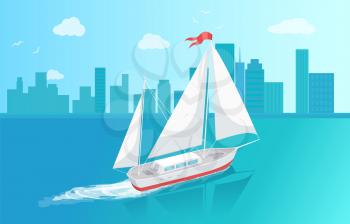 Sail boat with white canvas sailing in deep blue waters and leave trace vector at cityscape backdrop. Modern yacht marine nautical personal boat icon