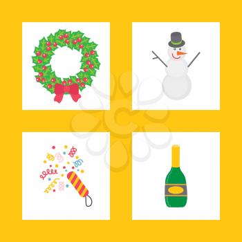 Christmas signs for party in flat style on yellow. Wreath with snowman and colorful confetti with bottle of champagne, vector cartoon illustrations