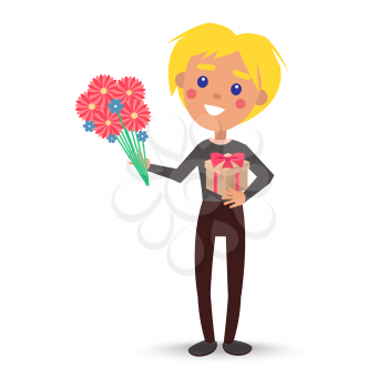 Smiling child with gift box and bouquet of flowers vector illustration. Blond boy with presents for women s day isolated on white