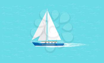 Sail boat with white canvas sailing in deep blue waters and leave trace vector illustration isolated. Modern yacht marine nautical personal boat icon
