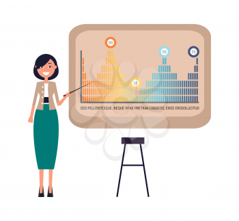 Infographics on whiteboard of woman presenter vector. Strategy planning explanation of businesswoman. Presentation on seminar, business conference