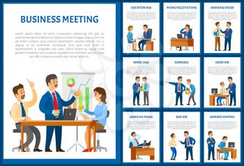 Business meeting of team, negotiation on phone posters with text sample set vector. Dismissal and working task, order of chief executive to personnel