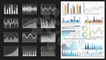Infographic visual representation of data chart vector. Timeline and pointers, percentage on diagram with numbers and statistics. Graphical flowcharts