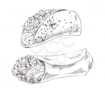 Mexican traditional dish, monochrome sketch outline. Roasted wrapped ingredients. Vegetables and meat in take away food islated on vector illustration