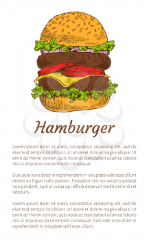 Hamburger fast food in American cuisine style poster. Buns and meat ham with salad leaves cheese and tomatoes. Fatty meal takeaway vector illustration