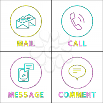 Icon set in outline style to depict feedback form. Simple call, electronic mail, text message or comment framed glyph with cutline on white backdrop.