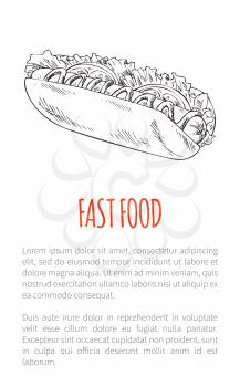 Fast food hot dog meal poster with text. Bun with sausage and vegetables cabbage leaves monochrome sketch outline takeaway grey draft meal vector