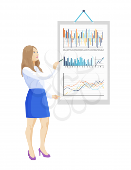 Infographics and infocharts on board paper poster vector. Presentation and analyzing of results, business graphics and schemes with visual information